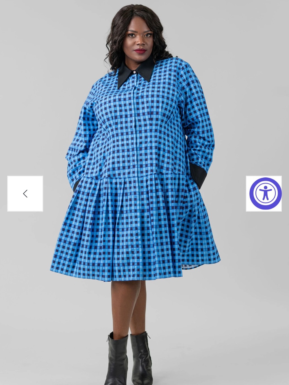 NWT De Loreta blue and black gingham drop waist 100% cotton midi dress, size 2X